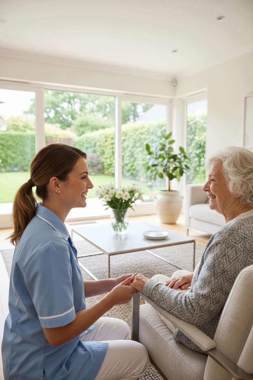 Change this image to a smilling caregiver providing companion care to a senior in a bright modern home. do not reuse any existing images on this website. Image should be unique that is not used anywhere else on this page.