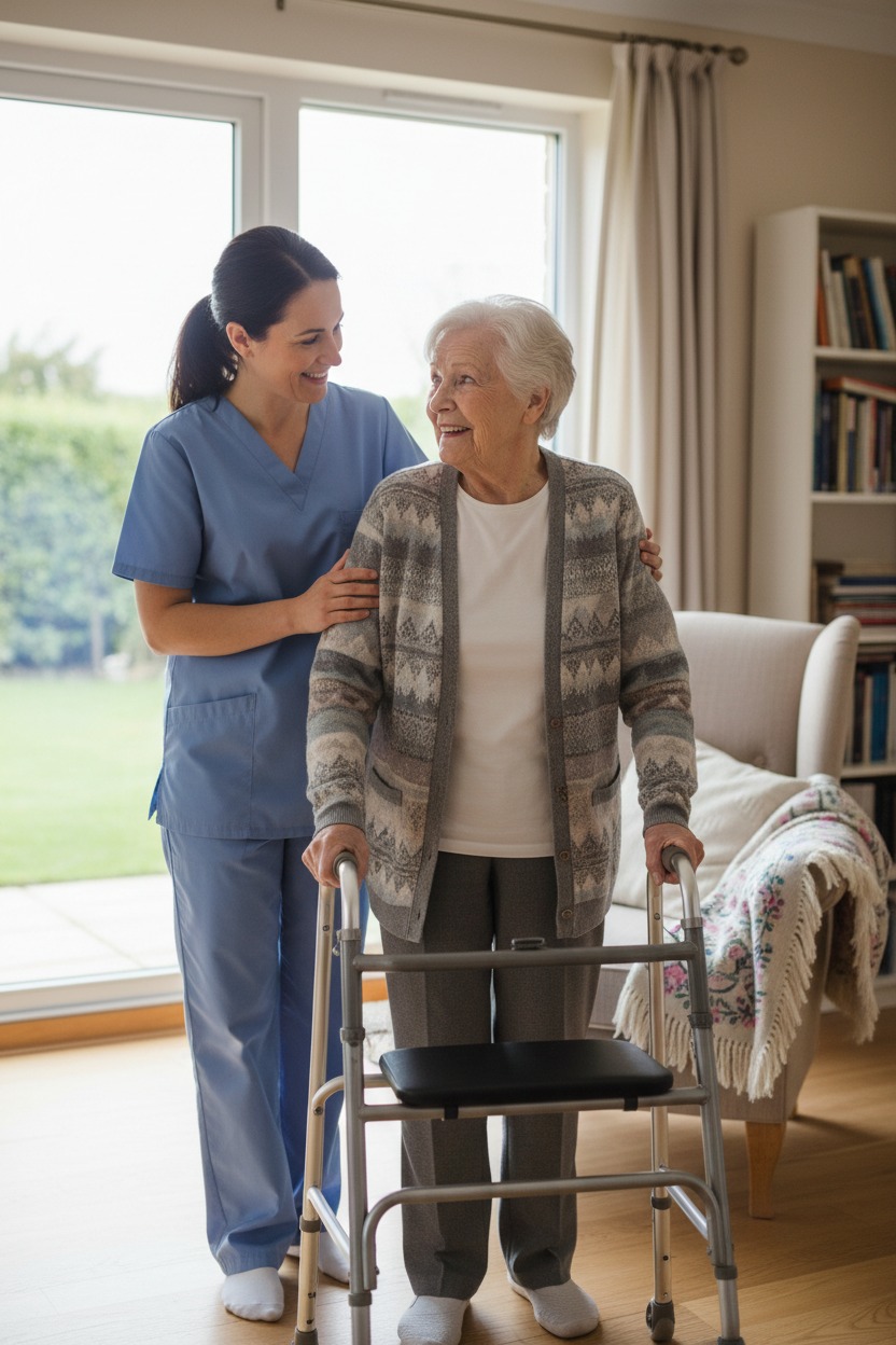 Replace this photo with a different high-quality image of a home care proffessional helping older adult. Ensure this Image . Image should be unique that is not used anywhere else on this page.