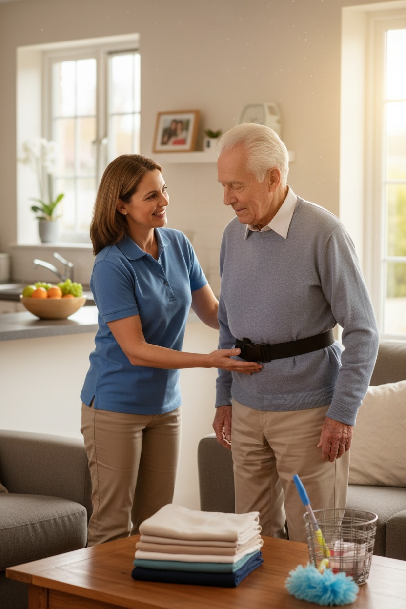 Replace this photo with a different high-quality image of a home care proffessional helping older adult. Ensure this Image . Image should be unique that is not used anywhere else on this page. relate to home maker support
