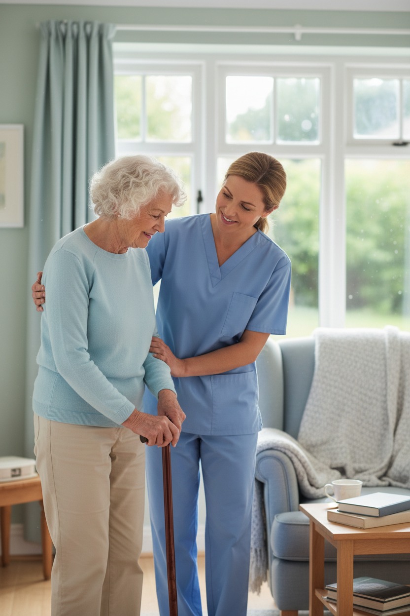 Replace this image with a different photo of a professional caregiver assisting an elderly client at home. Use a unique image that is not use anywhere else on this page
